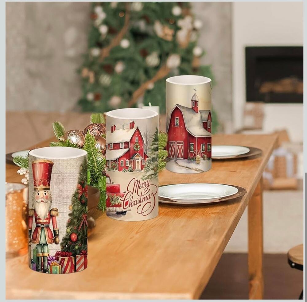 3 Pcs Retro Rustic Christmas Flameless Candles with Remote